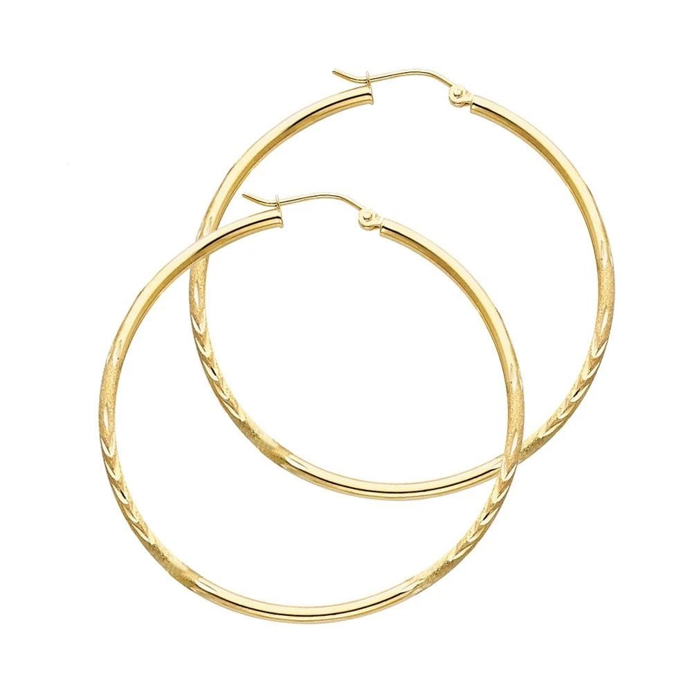 NEW 14K YELLOW GOLD 2MM BUDDED DC ROUND TUBE HOOP EARRINGS (35MM): NEW 14K YELLOW GOLD 2MM BUDDED DC ROUND TUBE HOOP EARRINGS (35MM) 2MM BUDDED DC ROUND TUBE HOOP EARRINGS (35MM) NEW 14K YELLOW GOLD HEIGHT - 30 mm WIDTH - 30 mm Apx WEIGHT - 1.7 g