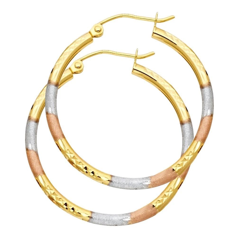 NEW 14K TRI COLOR GOLD 2MM ROUND TUBE DC ROUND HOOP EARRINGS (30MM) (1 of 2)