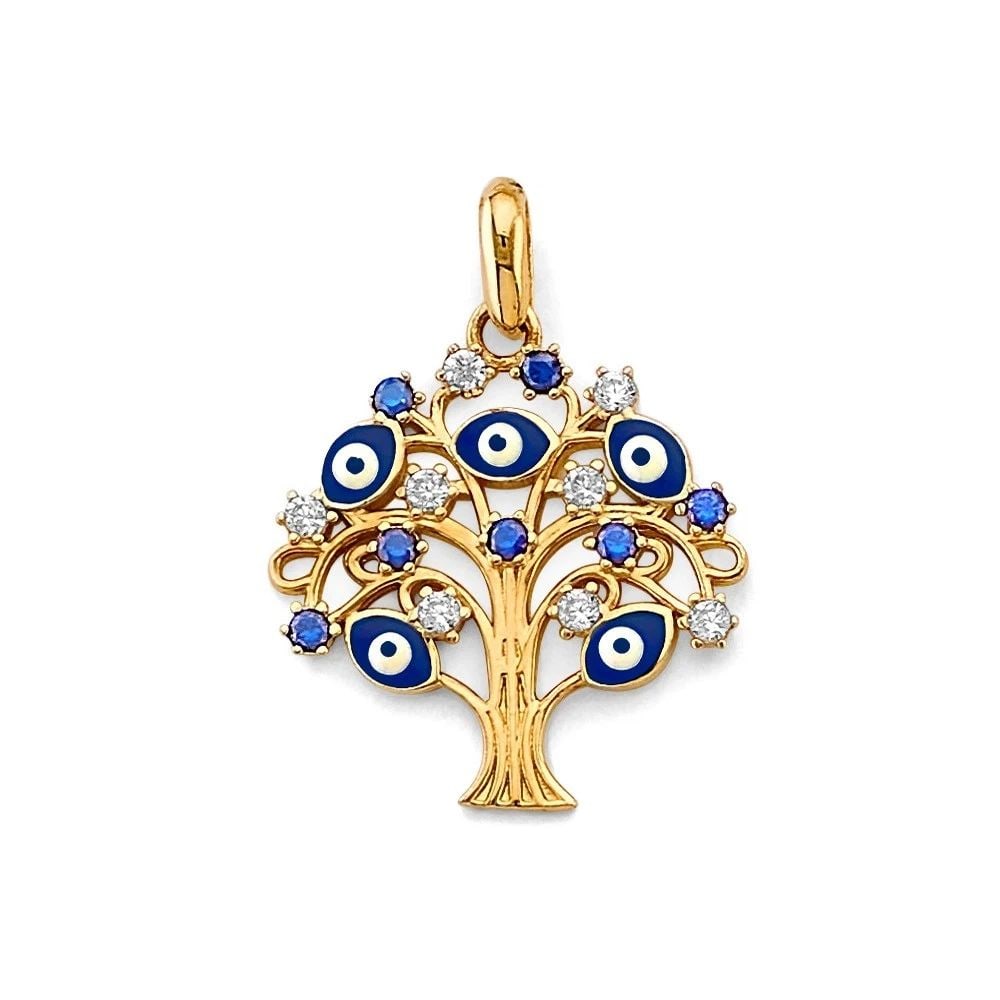NEW 14K YELLOW GOLD TREE OF LIFE & EVIL EYE PENDANT: NEW 14K YELLOW GOLD TREE OF LIFE & EVIL EYE PENDANT TREE OF LIFE & EVIL EYE PENDANT NEW 14K YELLOW GOLD Height : 25 mm Width : 20 mm Apx. WEIGHT : 2.2g