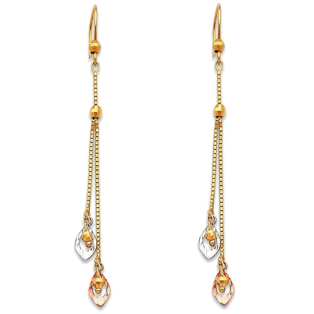 NEW 14K TRI COLOR GOLD HANGING EARRINGS: NEW 14K TRI COLOR GOLD HANGING EARRINGS HANGING EARRINGS NEW 14K TRI COLOR GOLD HEIGHT - 65 mm WIDTH - 8 mm Apx WEIGHT - 1.7 g