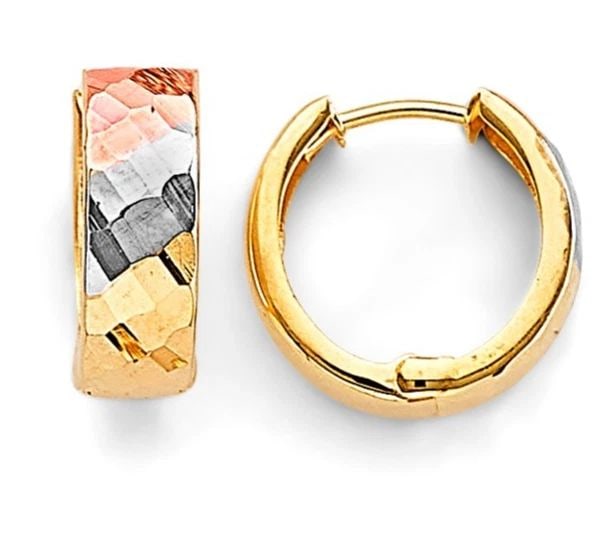 NEW 14K TRI COLOR GOLD HUGGIES EARRINGS: NEW 14K TRI COLOR GOLD HUGGIES EARRINGS HUGGIES EARRINGS NEW 14K TRI COLOR GOLD Height : 13 mm Width : 13 mm Weight : 1.7g