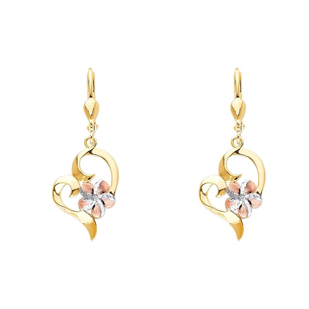 NEW 14K TRI COLOR GOLD HEART HUGGIES EARRINGS: NEW 14K TRI COLOR GOLD HEART HUGGIES EARRINGS HEART HUGGIES EARRINGS NEW 14K TRI COLOR GOLD HEIGHT - 13 mm WIDTH - 5 mm Apx WEIGHT - 1.7 g