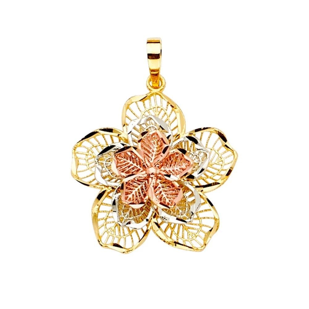 NEW 14K TRI COLOR GOLD FILIGREE FLOWER PENDANT: NEW 14K TRI COLOR GOLD FILIGREE FLOWER PENDANT FILIGREE FLOWER PENDANT NEW 14K TRI COLOR GOLD Height : 26 mm Width : 23 mm Apx. WEIGHT : 2.2g