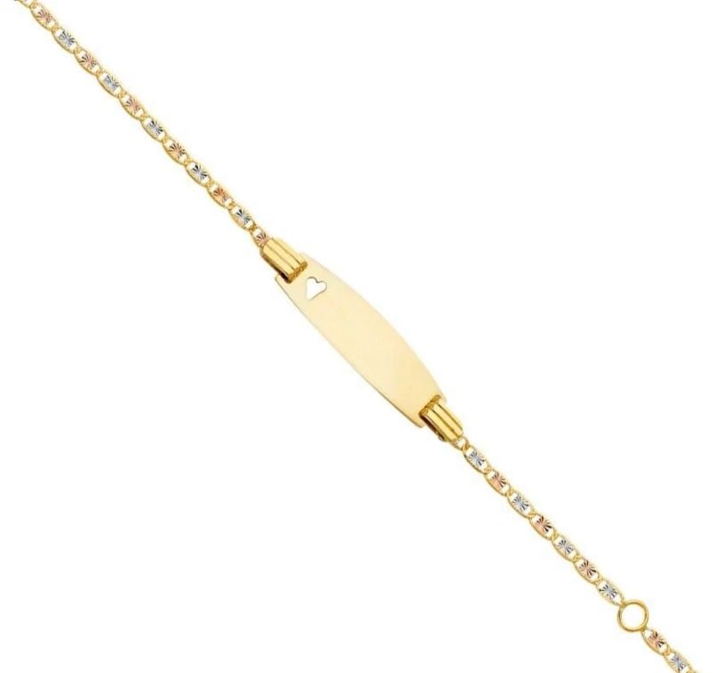 NEW 14K VALENTINO TRI COLOR ST DC BB OVAL ID WITH HEART BRACELET: NEW 14K VALENTINO TRI COLOR GOLD ST DC BB OVAL ID WITH HEART BRACELET VALENTINO ST DC BB OVAL ID WITH HEART BRACELET NEW 14K TRI COLOR GOLD LENGTH - 5+1in Apx WEIGHT - 2.2g