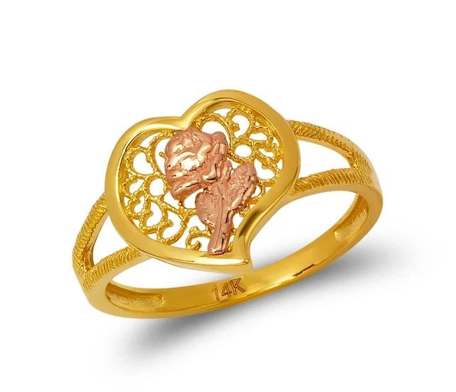 NEW 14K TRICOLOR GOLD LADIES HEART ROSE FILIGREE RING: NEW 14K TRICOLOR GOLD LADIES HEART ROSE FILIGREE RING LADIES HEART ROSE FILIGREE RING NEW 14K TRICOLOR GOLD SIZE Apx: 12mm Apx. WEIGHT: 2.2g