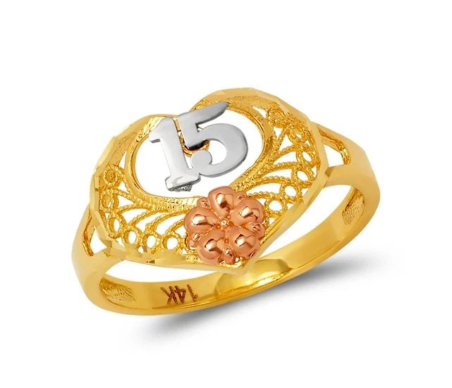 NEW 14K TRICOLOR GOLD LADIES 15 ANOS FLOWER FILIGREE RING: NEW 14K TRICOLOR GOLD LADIES 15 ANOS FLOWER FILIGREE RING LADIES 15 ANOS FLOWER FILIGREE RING NEW 14K TRICOLOR GOLD SIZE Apx: 12mm Apx. WEIGHT: 2.2g