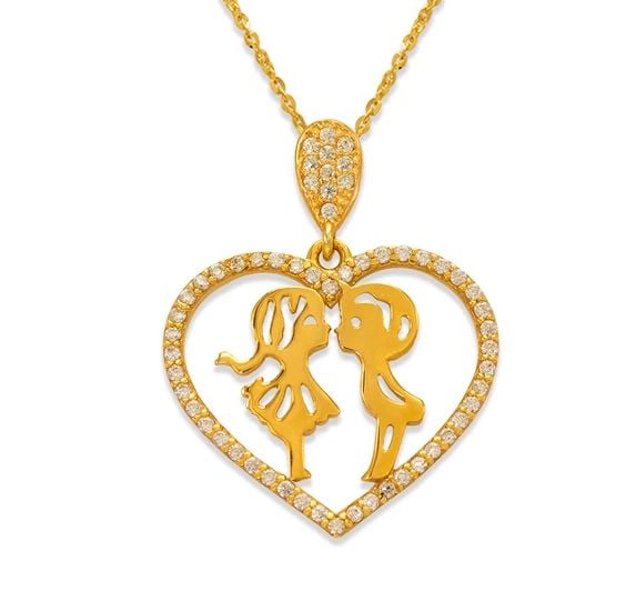 NEW 14K YELLOW GOLD FANCY HEART WITH LOVERS PENDANT (1 of 2)
