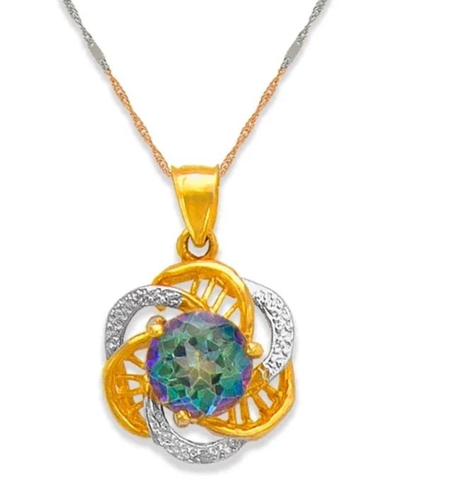 NEW 14K TWO TONE GOLD MYSTIC TOPAZ PENDANT: NEW 14K TWO TONE GOLD MYSTIC TOPAZ PENDANT MYSTIC TOPAZ PENDANT NEW 14K TWO TONE GOLD Apx. WIDTH: 14x15mm Apx WEIGHT: 2.2g