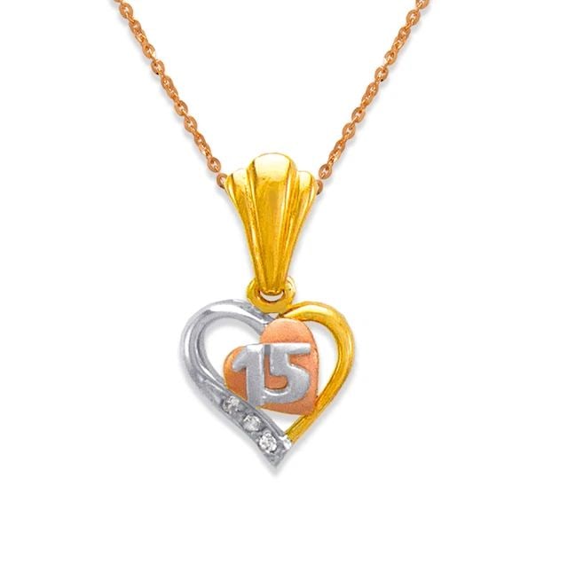 NEW 14K TRICOLOR GOLD 15 ANOS HEART PENDANT: NEW 14K TRICOLOR GOLD 15 ANOS HEART PENDANT 15 ANOS HEART PENDANT NEW 14K TRICOLOR GOLD Apx. WIDTH: 11mm Apx WEIGHT: 2.2g