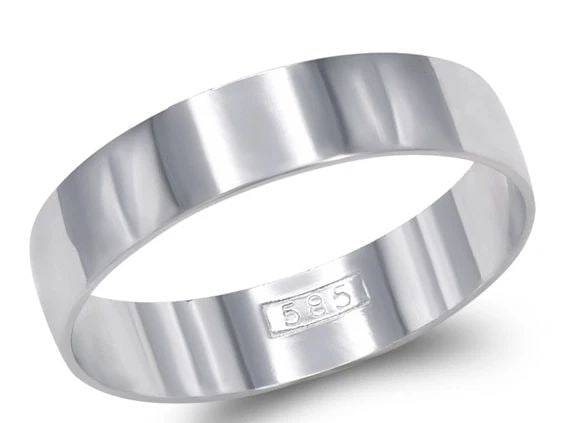 NEW 14K WHITE GOLD 5MM PLAIN WHITE STAMPING WEDDING BAND: NEW 14K WHITE GOLD 5MM PLAIN WHITE STAMPING WEDDING BAND 5MM PLAIN WHITE STAMPING WEDDING BAND NEW 14K WHITE GOLD SIZE Apx: 5mm WEIGHT: 2.0g