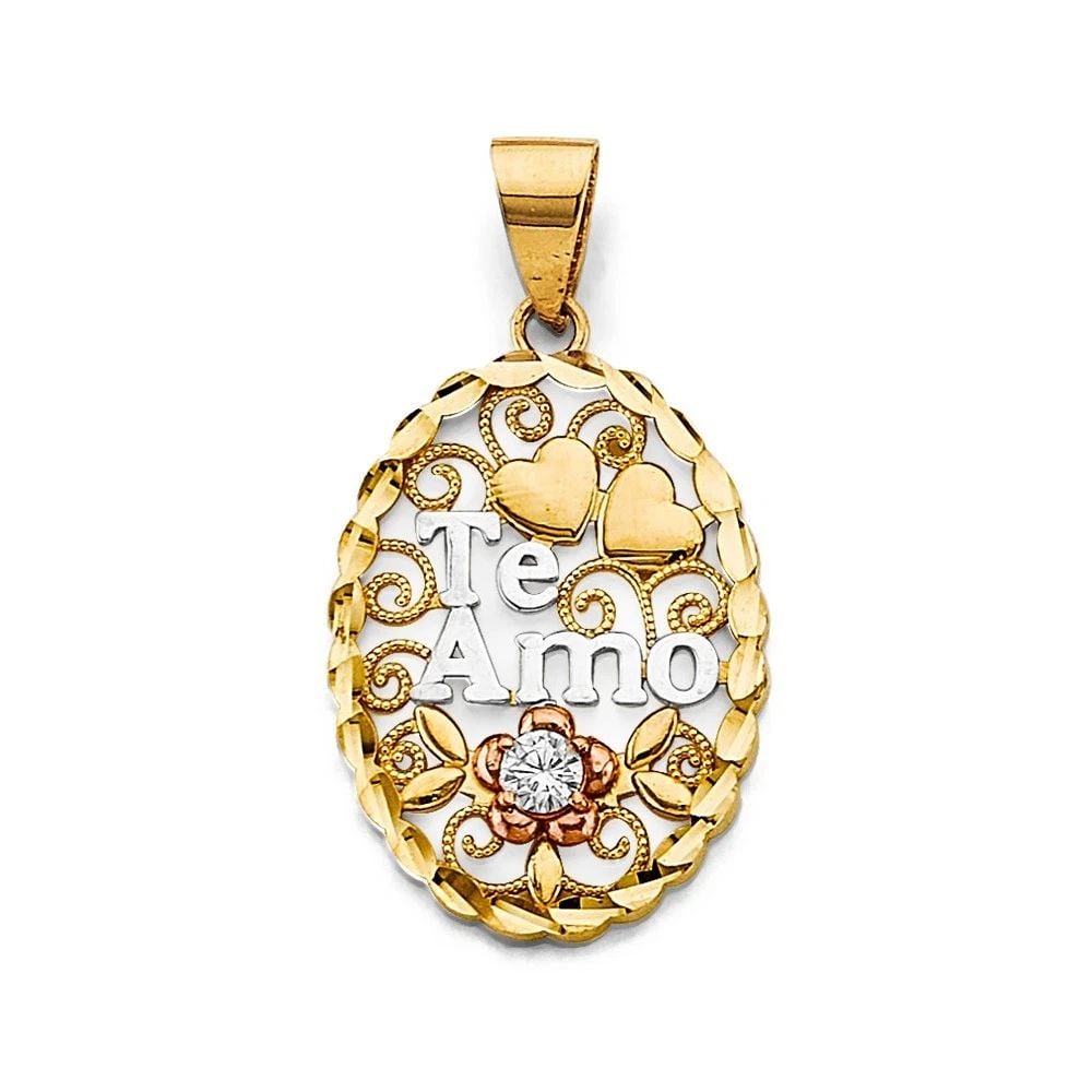 NEW 14K TRI COLOR GOLD OVAL TE AMO PENDANT: NEW 14K TRI COLOR GOLD OVAL TE AMO PENDANT OVAL TE AMO PENDANT NEW 14K TRI COLOR GOLD Height : 30 mm Width : 17 mm Apx. WEIGHT : 2.1g