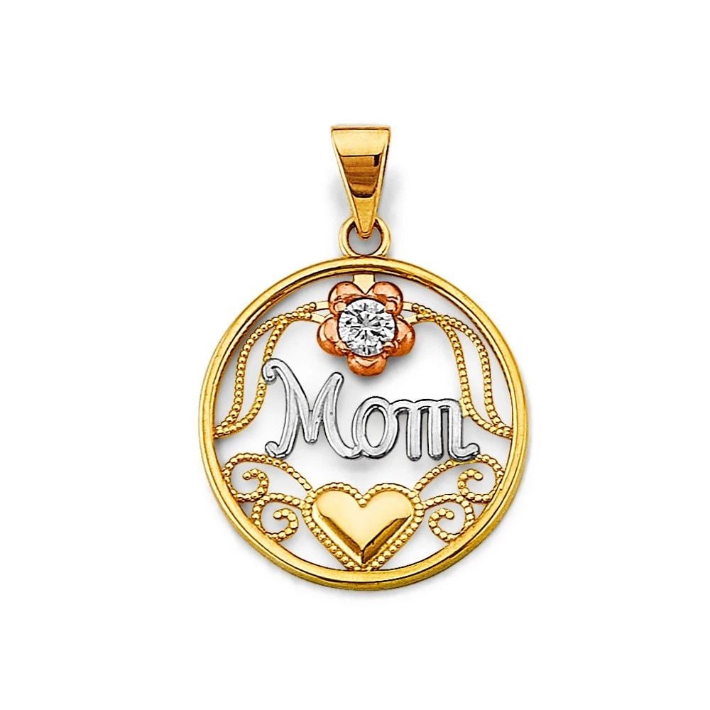 NEW 14K TRI COLOR GOLD ROUND MOM PENDANT: NEW 14K TRI COLOR GOLD ROUND MOM PENDANT ROUND MOM PENDANT NEW 14K TRI COLOR GOLD Height : 25 mm Width : 20 mm Apx. WEIGHT : 2.1g