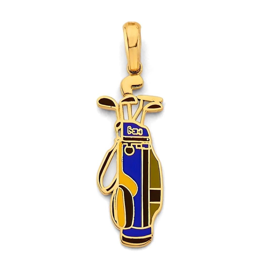 NEW 14K YELLOW GOLD ENAMEL GOLF BAG PENDANT: NEW 14K YELLOW GOLD ENAMEL GOLF BAG PENDANT ENAMEL GOLF BAG PENDANT NEW 14K YELLOW GOLD Height : 40 mm Width : 12 mm Apx. WEIGHT : 2.1g