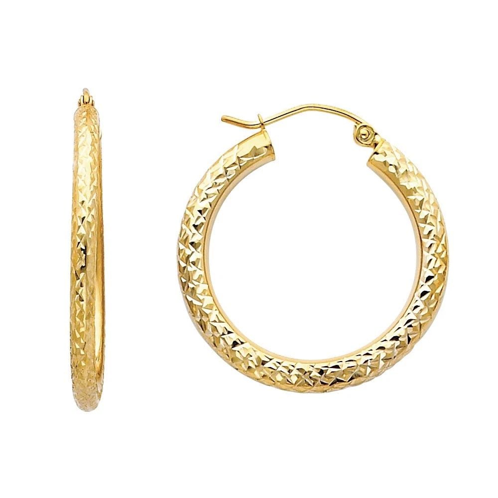 NEW 14K YELLOW GOLD DC 3.0MM ROUND HOOP EARRINGS (25MM): NEW 14K YELLOW GOLD DC 3.0MM ROUND HOOP EARRINGS (25MM) DC 3.0MM ROUND HOOP EARRINGS (25MM) NEW 14K YELLOW GOLD HEIGHT - 25 mm WIDTH - 25 mm Apx WEIGHT - 1.6 g