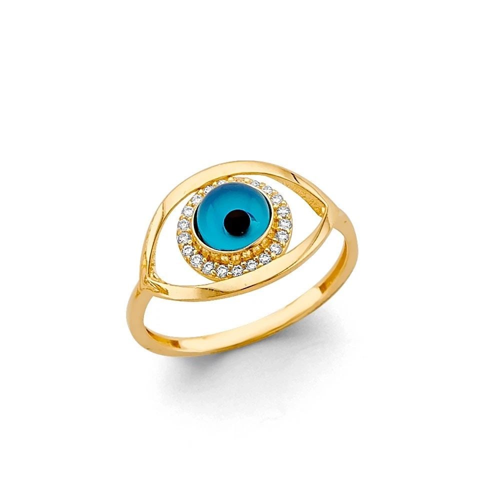 NEW 14K YELLOW GOLD BLUE EVIL EYE RING: NEW 14K YELLOW GOLD CZ BLUE EVIL EYE RING CZ BLUE EVIL EYE RING NEW 14K YELLOW GOLD WIDTH : WEIGHT : 2.1g