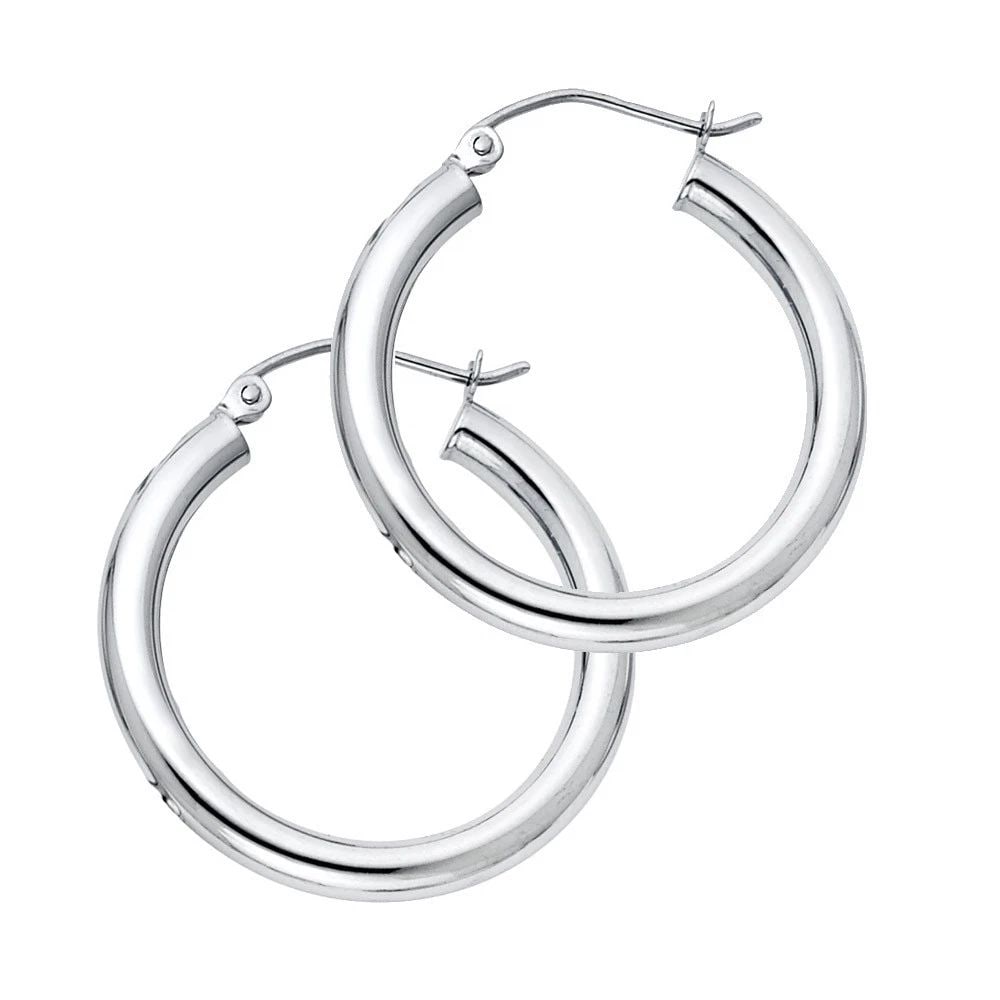 NEW 14K WHITE GOLD 3MM PLAIN HOOP EARRINGS: NEW 14K WHITE GOLD 3MM PLAIN HOOP EARRINGS 3MM PLAIN HOOP EARRINGS NEW 14K WHITE GOLD Height : 25 mm Width : 25 mm Weight : 1.6g