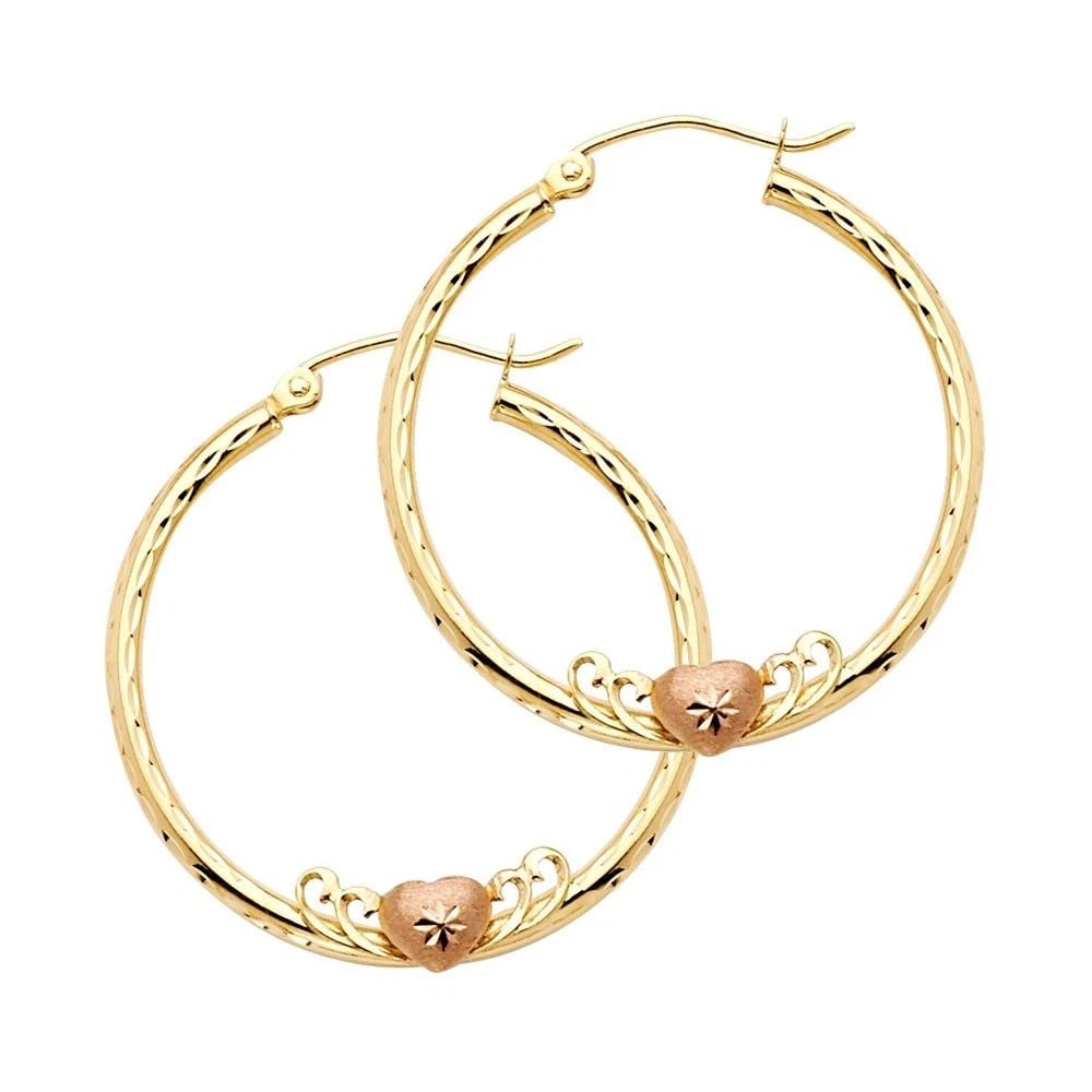 NEW 14K TWO TONE GOLD 2MM ROUND HOOP EARRINGS WITH HERAT (25MM) (1 of 2)