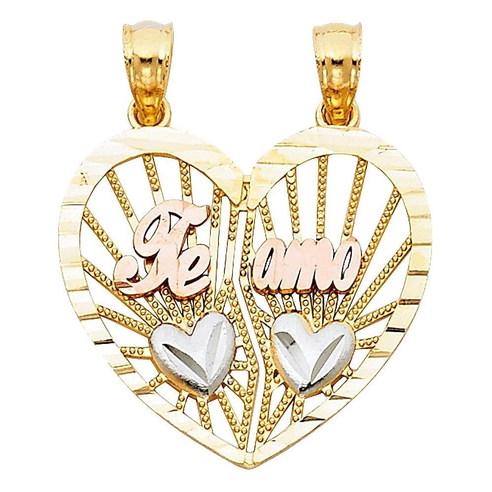 NEW 14K TRI COLOR GOLD TE AMO HEART 2 PIECE PENDANT: NEW 14K TRI COLOR GOLD TE AMO HEART 2 PIECE PENDANT TE AMO HEART 2 PIECE PENDANT NEW 14K TRI COLOR GOLD Height : 20 mm Width : 22 mm Apx. WEIGHT : 2.1g