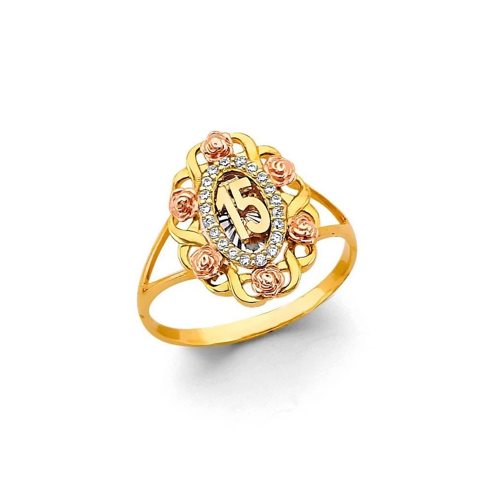 NEW 14K TRI COLOR GOLD FLOWER 15 YEARS RING: NEW 14K TRI COLOR GOLD FLOWER 15 YEARS RING FLOWER 15 YEARS RING NEW 14K TRI COLOR GOLD WIDTH : WEIGHT : 2.1g