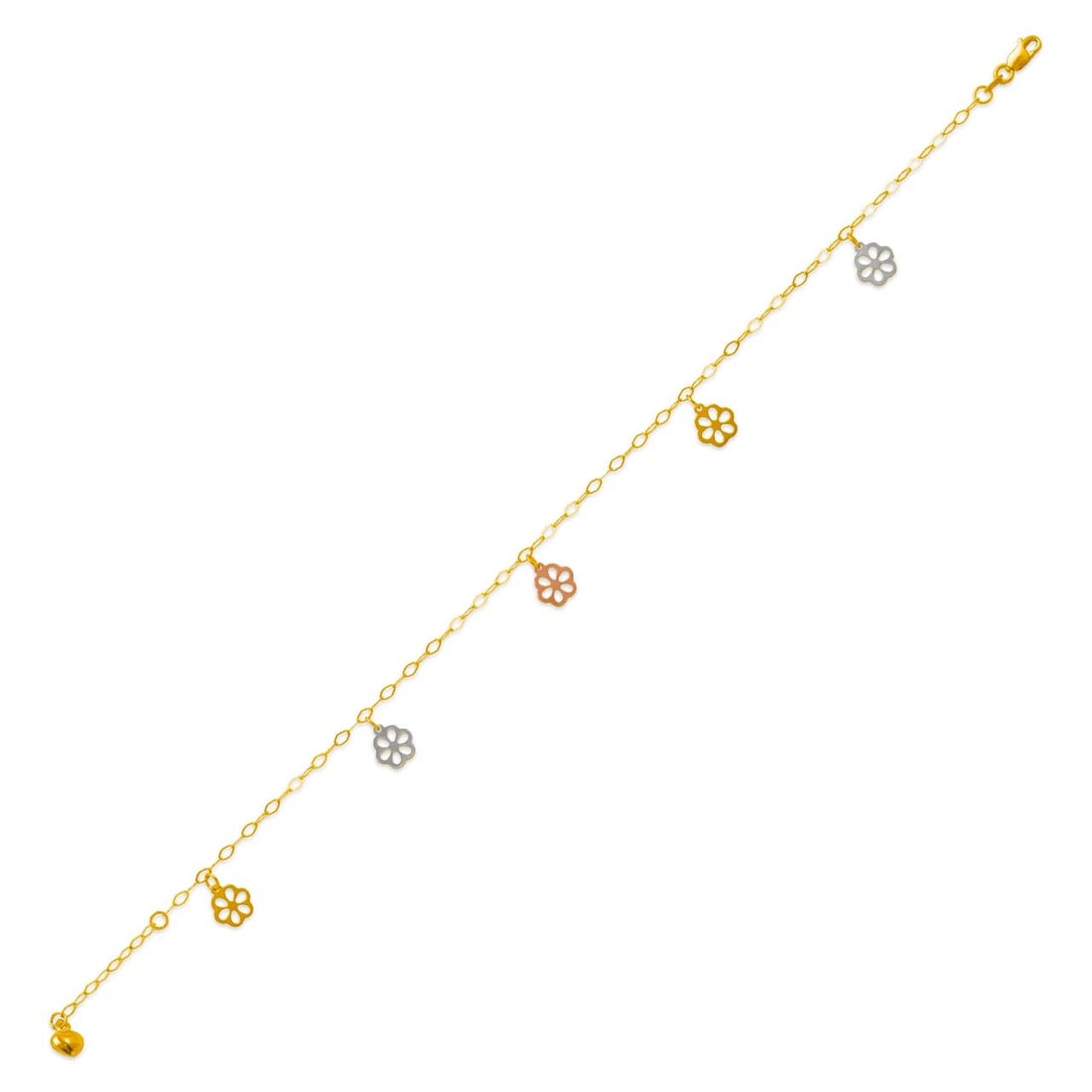 NEW 14K TRICOLOR GOLD CHARM ANKLET: NEW 14K TRICOLOR GOLD CHARM ANKLET CHARM ANKLET NEW 14K TRICOLOR GOLD LENGTH: 10" inch Apx WEIGHT: 2.1g
