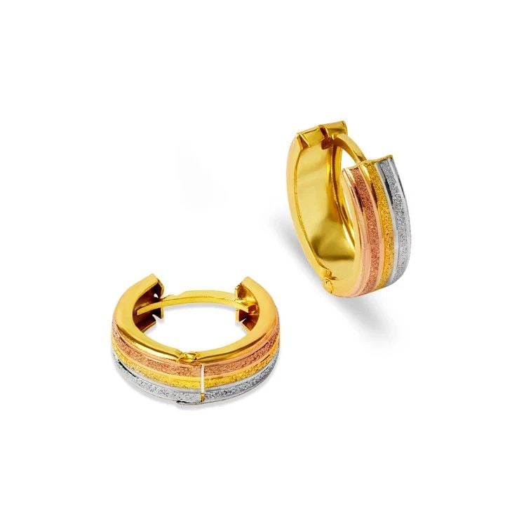 NEW 14K TRICOLOR GOLD D/C HUGGIE EARRINGS: NEW 14K TRICOLOR GOLD D/C HUGGIE EARRINGS D/C HUGGIE EARRINGS NEW 14K TRICOLOR GOLD Width: Approx. 5x15mm Apx WEIGHT: 2.1g