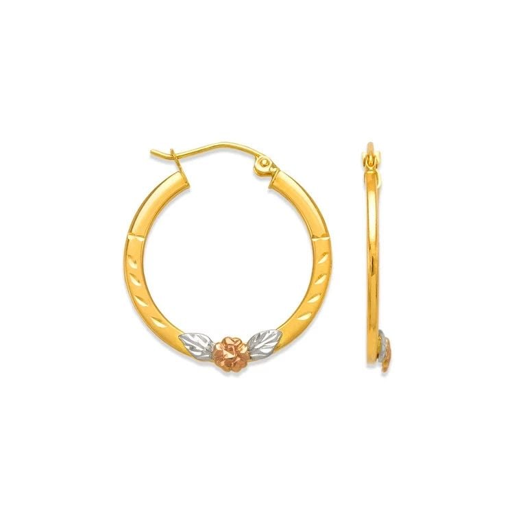NEW 14K TRICOLOR GOLD 2.5MM SQUARE TUBE FLOWER FLAT HOOP EARRINGS: NEW 14K TRICOLOR GOLD 2.5MM SQUARE TUBE FLOWER FLAT HOOP EARRINGS 2.5MM SQUARE TUBE FLOWER FLAT HOOP EARRINGS NEW 14K TRICOLOR GOLD Width: Approx. 2mm Apx WEIGHT: 1.3g