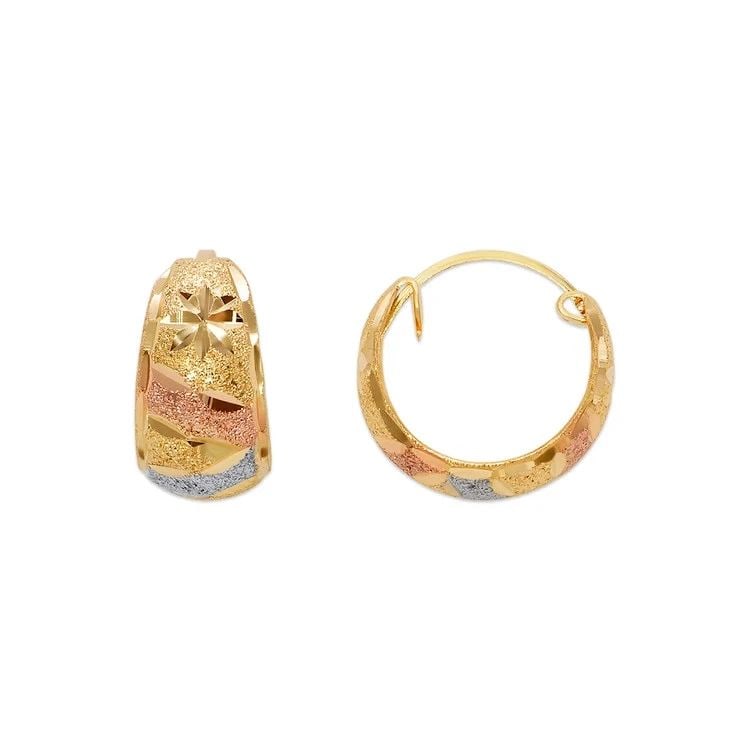 NEW 14K TRICOLOR GOLD D/C HUGGIE EARRINGS: NEW 14K TRICOLOR GOLD D/C HUGGIE EARRINGS D/C HUGGIE EARRINGS NEW 14K TRICOLOR GOLD Width: Approx. 8x15mm Apx WEIGHT: 2.1g