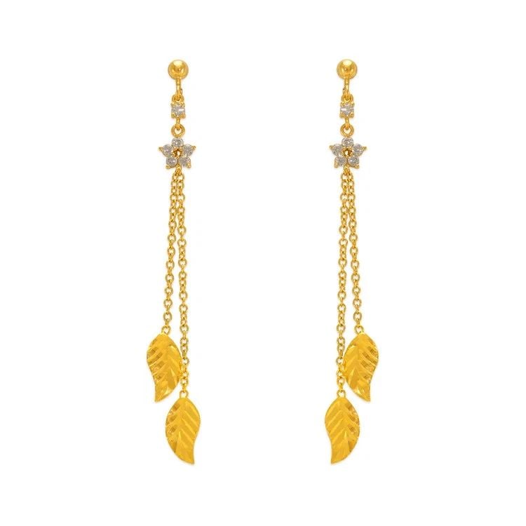 NEW 14K YELLOW GOLD FANCY DOUBLE LEAF DANGLING EARRINGS: NEW 14K YELLOW GOLD FANCY DOUBLE LEAF DANGLING EARRINGS FANCY DOUBLE LEAF DANGLING EARRINGS NEW 14K YELLOW GOLD Width: Approx. 5x57mm Apx WEIGHT: 2.1g