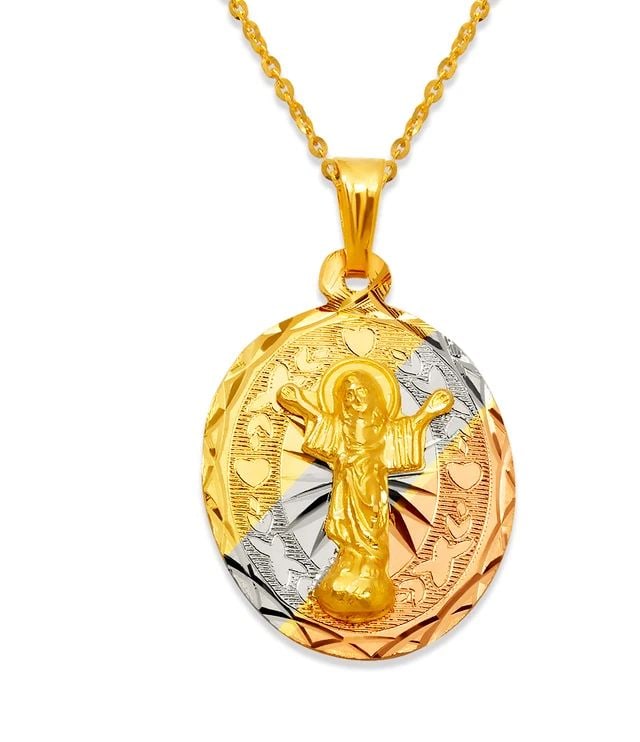 NEW 14K TRICOLOR GOLD OVAL LASER CUT DIVINE CHILD SCAPULAR PENDANT: NEW 14K TRICOLOR GOLD OVAL LASER CUT DIVINE CHILD SCAPULAR PENDANT OVAL LASER CUT DIVINE CHILD SCAPULAR PENDANT NEW 14K TRICOLOR GOLD Apx. WIDTH: 17x22mm Apx WEIGHT: 2.1g