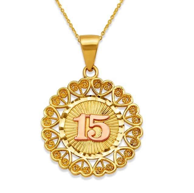 NEW 14K TRICOLOR GOLD 15 ANOS PENDANT: NEW 14K TRICOLOR GOLD 15 ANOS PENDANT 15 ANOS PENDANT NEW 14K TRICOLOR GOLD Apx. WIDTH: 20mm Apx WEIGHT: 2.1g
