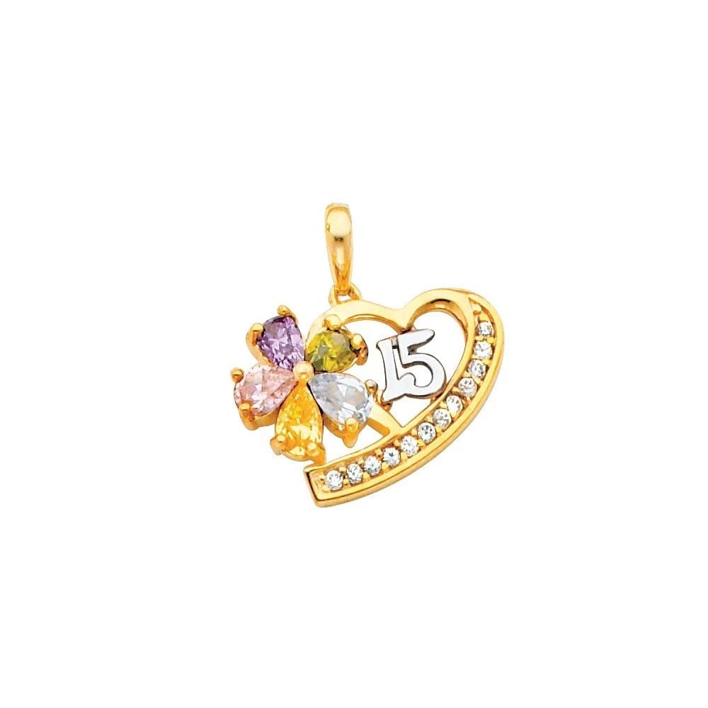 NEW 14K TWO TONE GOLD 15 YEARS HEART PENDANT (PT669): NEW 14K TWO TONE GOLD 15 YEARS HEART PENDANT (PT669) 15 YEARS HEART PENDANT (PT669) NEW 14K TWO TONE GOLD Height : 18 mm Width : 15 mm Apx. WEIGHT : 2g