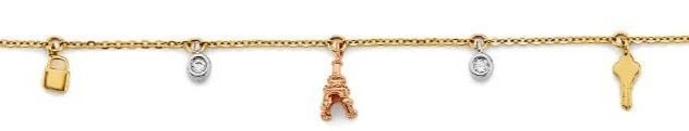NEW 14K TRI COLOR GOLD CHARM LOCK KEY TOWER ANKLET: NEW 14K TRI COLOR GOLD CHARM ANKLET HANGING CHARM ANKLET NEW 14K TWO TONE GOLD C Z LENGTH - 9in Apx WEIGHT - 1.5g