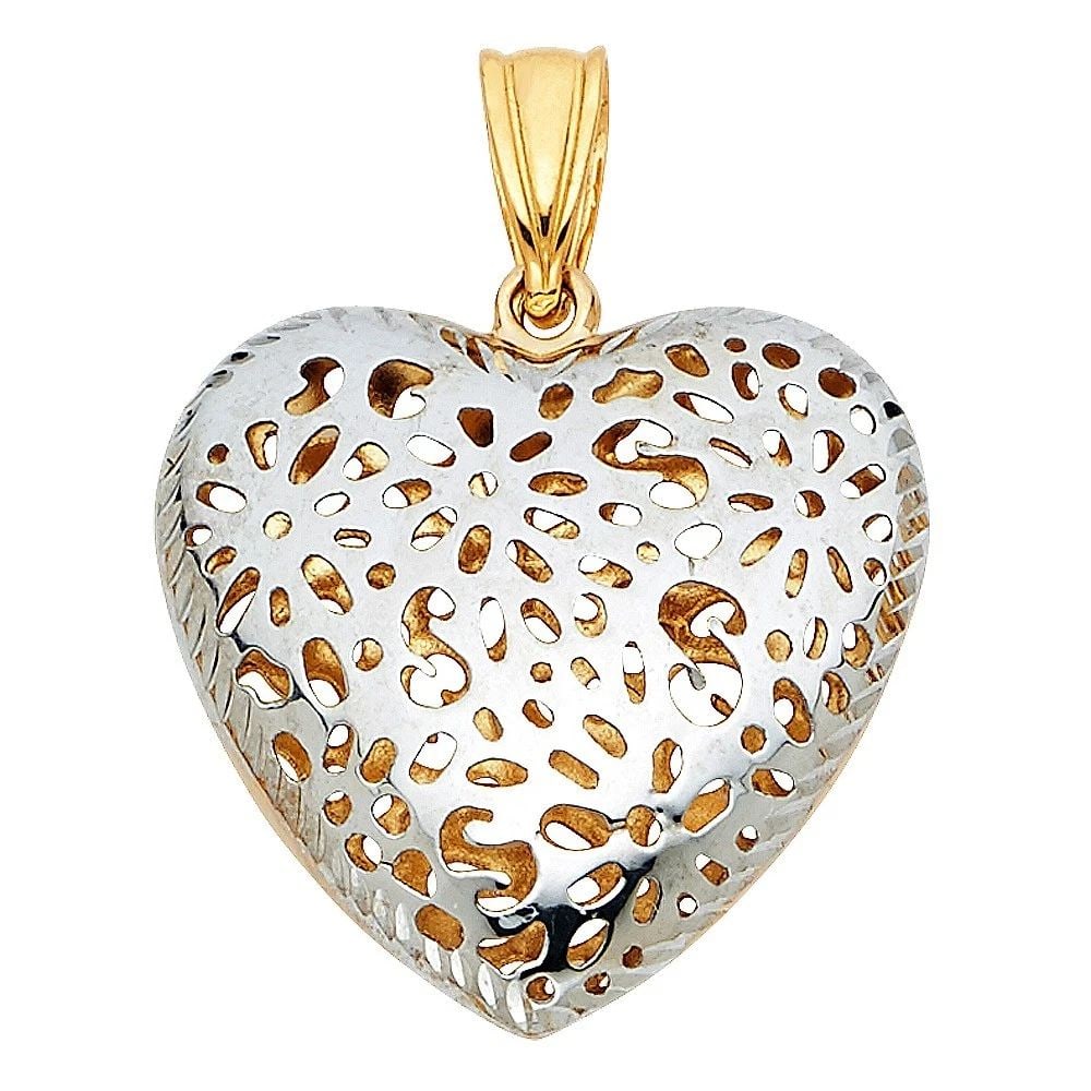 NEW 14K TWO TONE GOLD FLOWER CUT OUT HEART PENDANT (1 of 2)