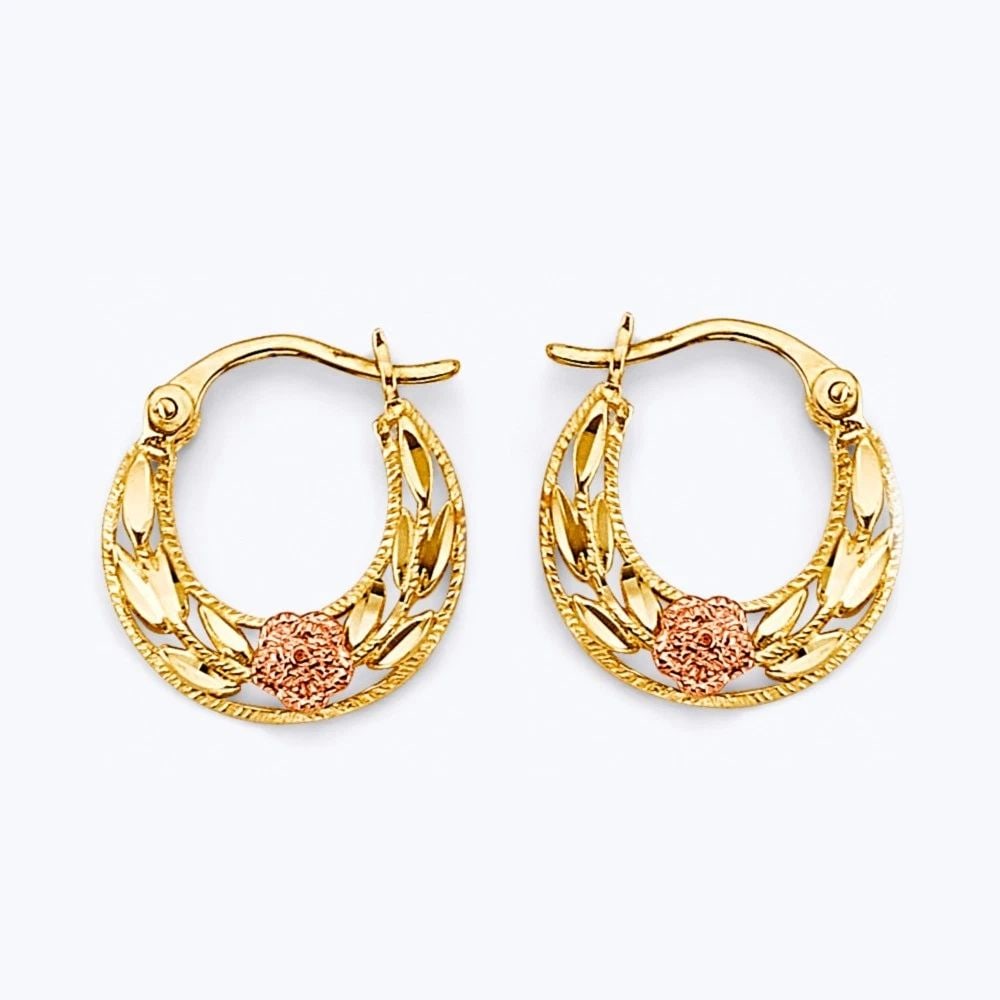NEW 14K TRI COLOR GOLD FLOWER HOOP EARRINGS: NEW 14K TRI COLOR GOLD FLOWER HOOP EARRINGS FLOWER HOOP EARRINGS NEW 14K TRI COLOR GOLD HEIGHT - 15 mm WIDTH - 15 mm Apx WEIGHT - 1.5 g