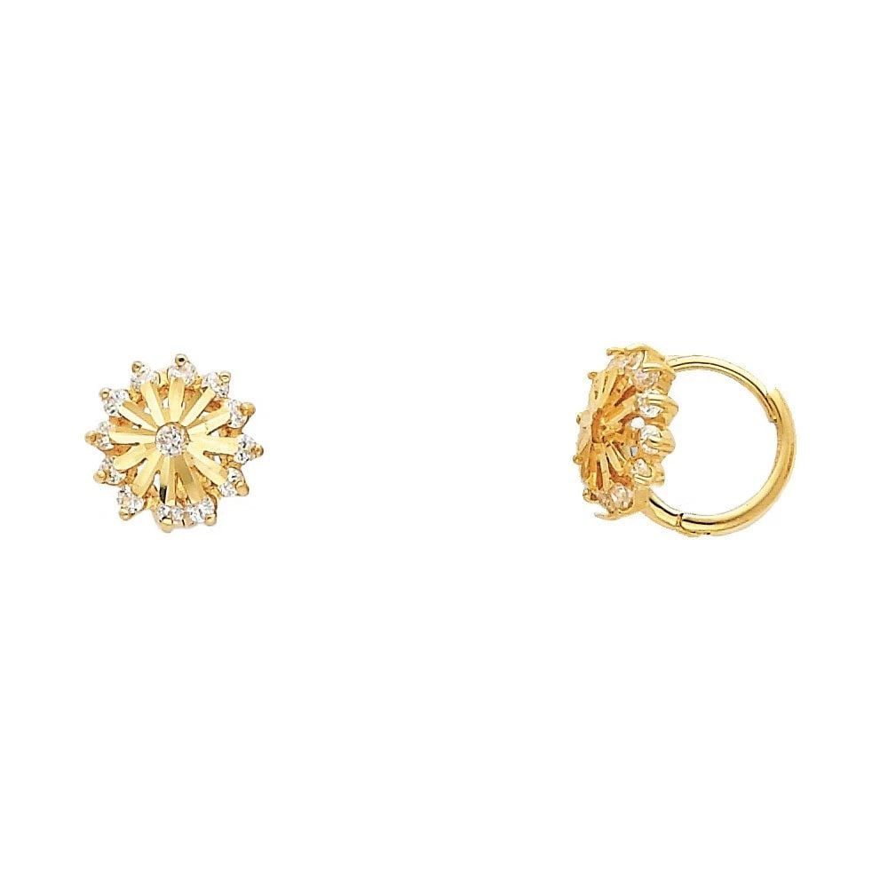 NEW 14K YELLOW GOLD FLOWER HUGGIES EARRINGS: NEW 14K YELLOW GOLD FLOWER HUGGIES EARRINGS FLOWER HUGGIES EARRINGS NEW 14K YELLOW GOLD HEIGHT - 10 mm WIDTH - 10 mm Apx WEIGHT - 1.5 g