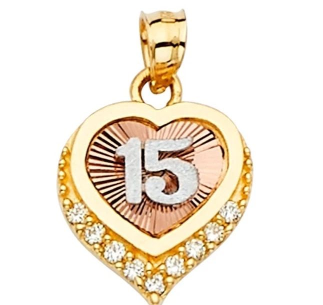 NEW 14K TRI COLOR GOLD 15 YEARS PENDANT: NEW 14K TRI COLOR GOLD 15 YEARS PENDANT 15 YEARS PENDANT NEW 14K TRI COLOR GOLD Height : 20 mm Width : 12 mm Apx. WEIGHT : 2g