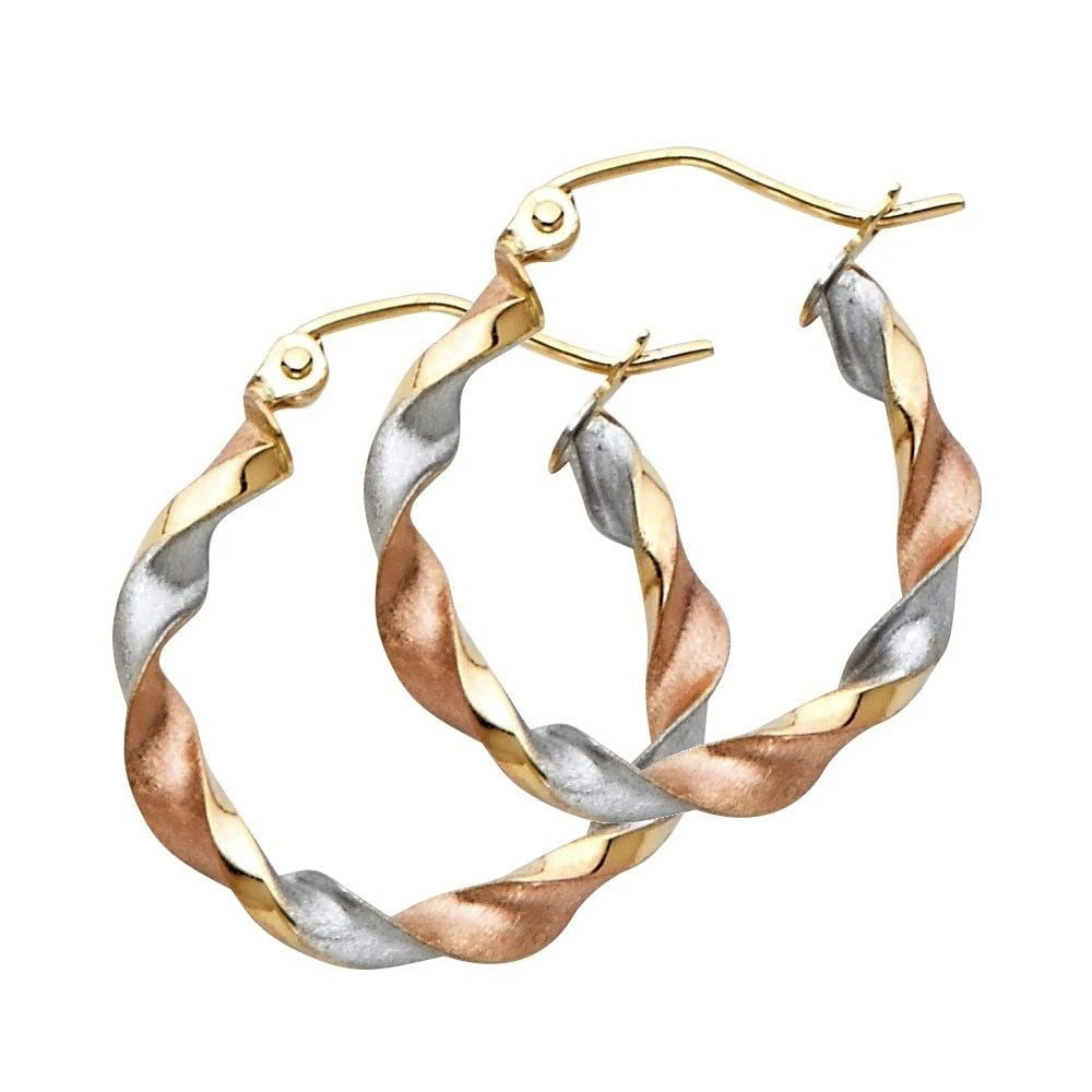 NEW 14K TRI COLOR GOLD CURLED HOLLOW HOOP EARRINGS (1 of 2)