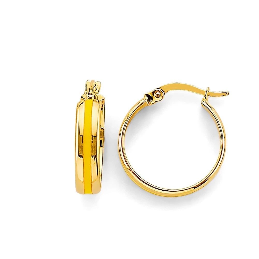 NEW 14K YELLOW GOLD ENAMEL ROUND HOOP EARRINGS: NEW 14K YELLOW GOLD ENAMEL ROUND HOOP EARRINGS ENAMEL ROUND HOOP EARRINGS NEW 14K YELLOW GOLD HEIGHT - 15 mm WIDTH - 15 mm Apx WEIGHT - 1.5 g