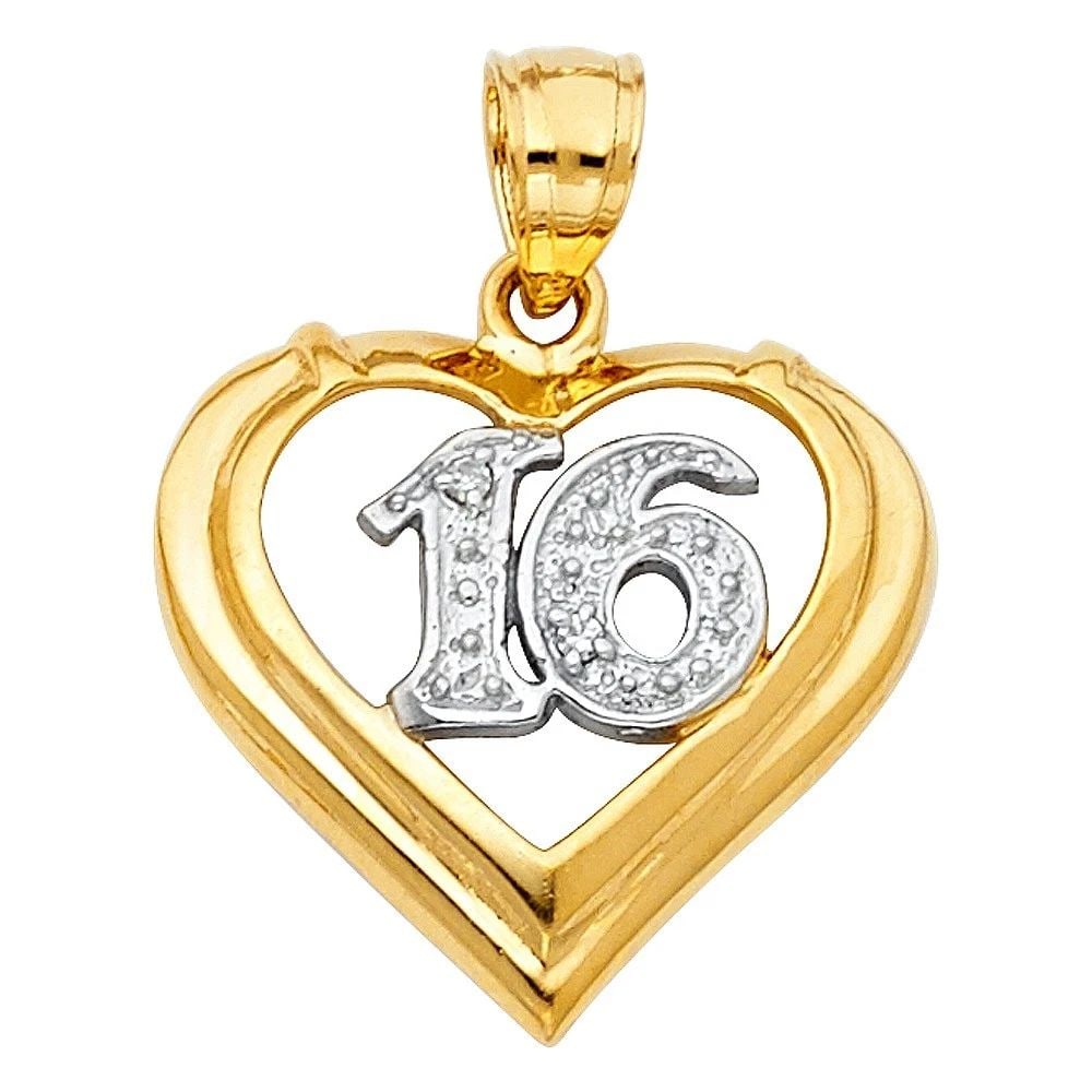 NEW 14K TWO TONE GOLD 16 YEARS HEART PENDANT: NEW 14K TWO TONE GOLD 16 YEARS HEART PENDANT 16 YEARS HEART PENDANT NEW 14K TWO TONE GOLD Height : 18 mm Width : 20 mm Apx. WEIGHT : 2g