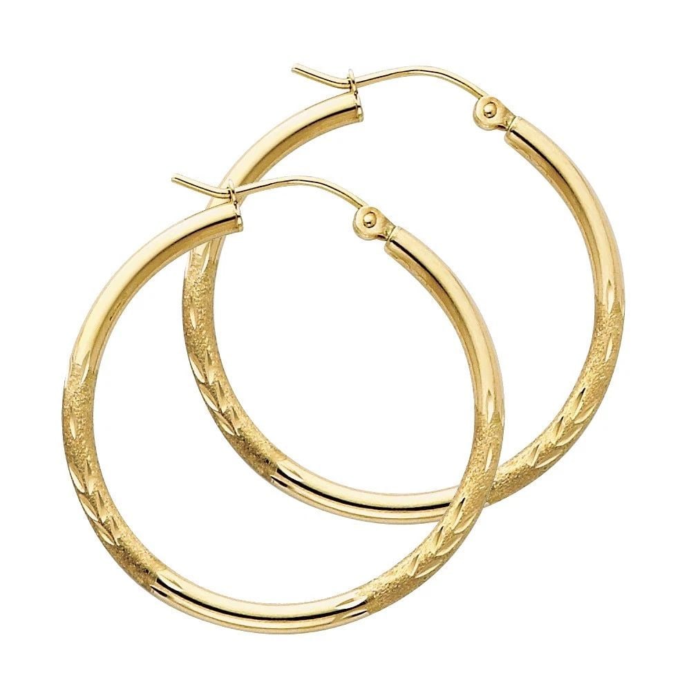 NEW 14K YELLOW GOLD 2MM BUDDED DC ROUND TUBE HOOP EARRINGS (30MM): NEW 14K YELLOW GOLD 2MM BUDDED DC ROUND TUBE HOOP EARRINGS (30MM) 2MM BUDDED DC ROUND TUBE HOOP EARRINGS (30MM) NEW 14K YELLOW GOLD HEIGHT - 25 mm WIDTH - 25 mm Apx WEIGHT - 1.5 g