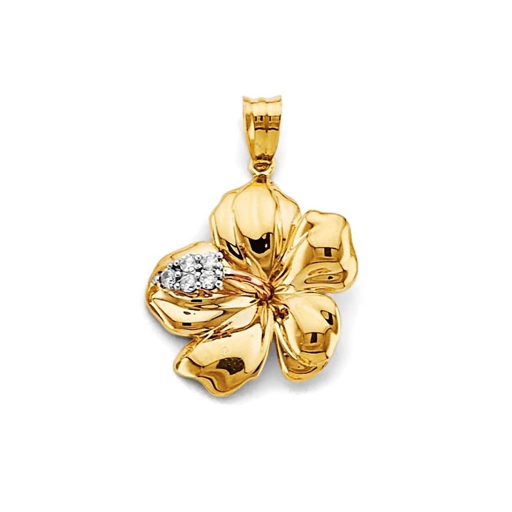 NEW 14K TRI COLOR GOLD HIBISCUS FLOWER PENDANT: NEW 14K TRI COLOR GOLD HIBISCUS FLOWER PENDANT HIBISCUS FLOWER PENDANT NEW 14K TRI COLOR GOLD Height : 25 mm Width : 18 mm Apx. WEIGHT : 2g