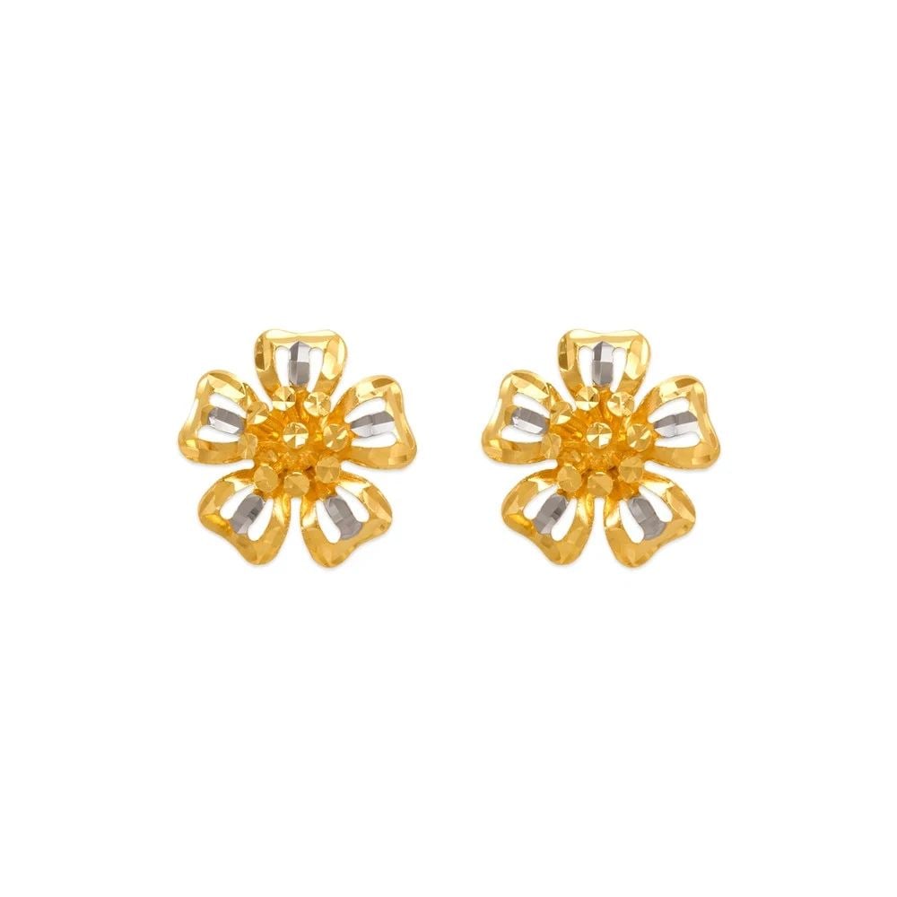 NEW 14K TWO TONE GOLD DIAMOND CUT FLOWER STUD EARRINGS: NEW 14K TWO TONE GOLD DIAMOND CUT FLOWER STUD EARRINGS DIAMOND CUT FLOWER STUD EARRINGS NEW 14K TWO TONE GOLD Width: Approx. 13mm Apx WEIGHT: 2g
