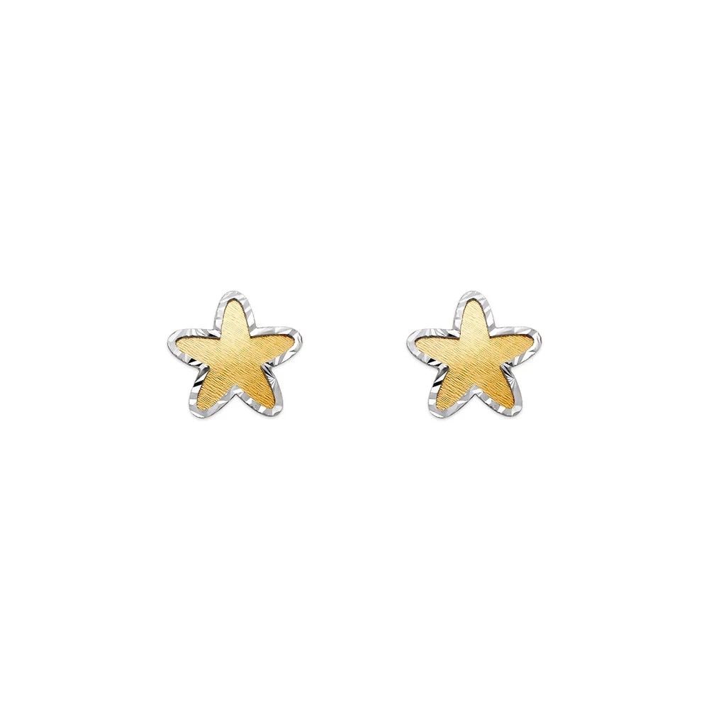 NEW 14K TWO TONE GOLD DIAMOND CUT STAR STUD EARRINGS: NEW 14K TWO TONE GOLD DIAMOND CUT STAR STUD EARRINGS DIAMOND CUT STAR STUD EARRINGS NEW 14K TWO TONE GOLD Width: Approx. 7x6.5mm Apx WEIGHT: 2g