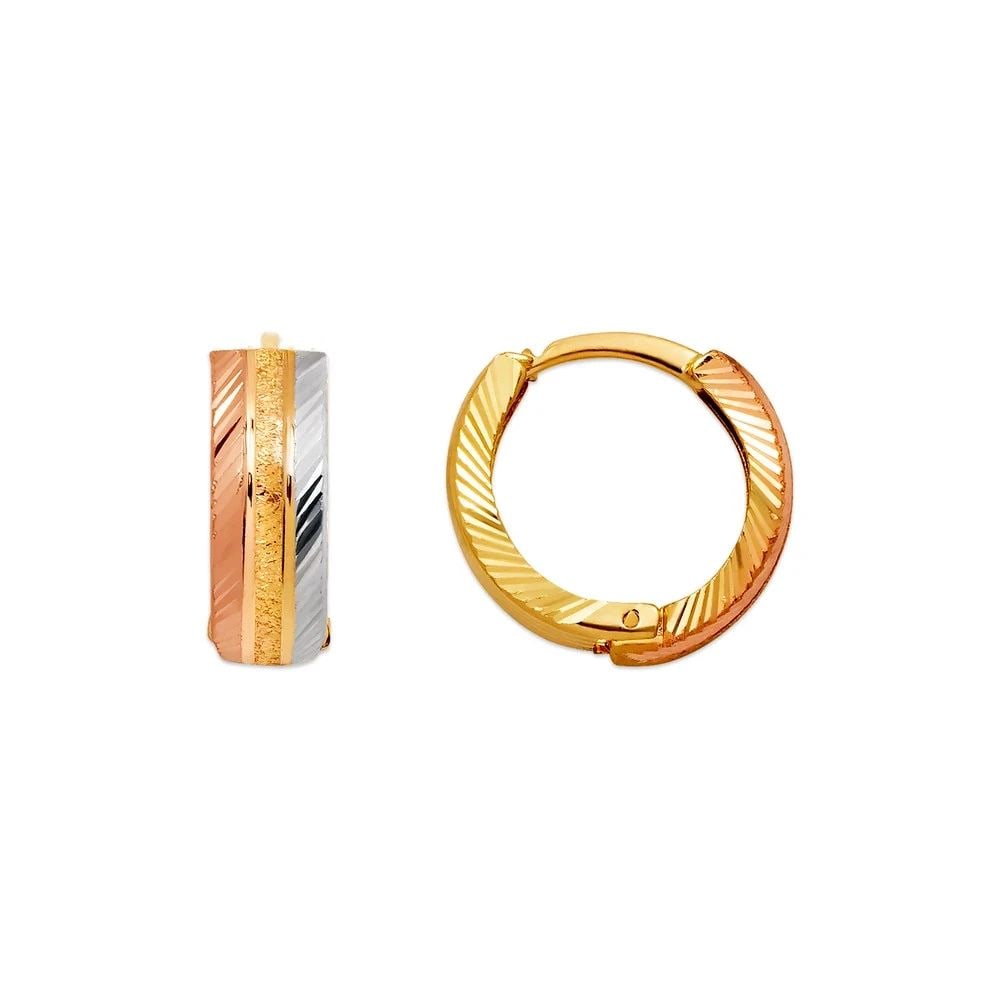 NEW 14K TRICOLOR GOLD D/C HUGGIE EARRINGS: NEW 14K TRICOLOR GOLD D/C HUGGIE EARRINGS D/C HUGGIE EARRINGS NEW 14K TRICOLOR GOLD Width: Approx. 5x15mm Apx WEIGHT: 2g