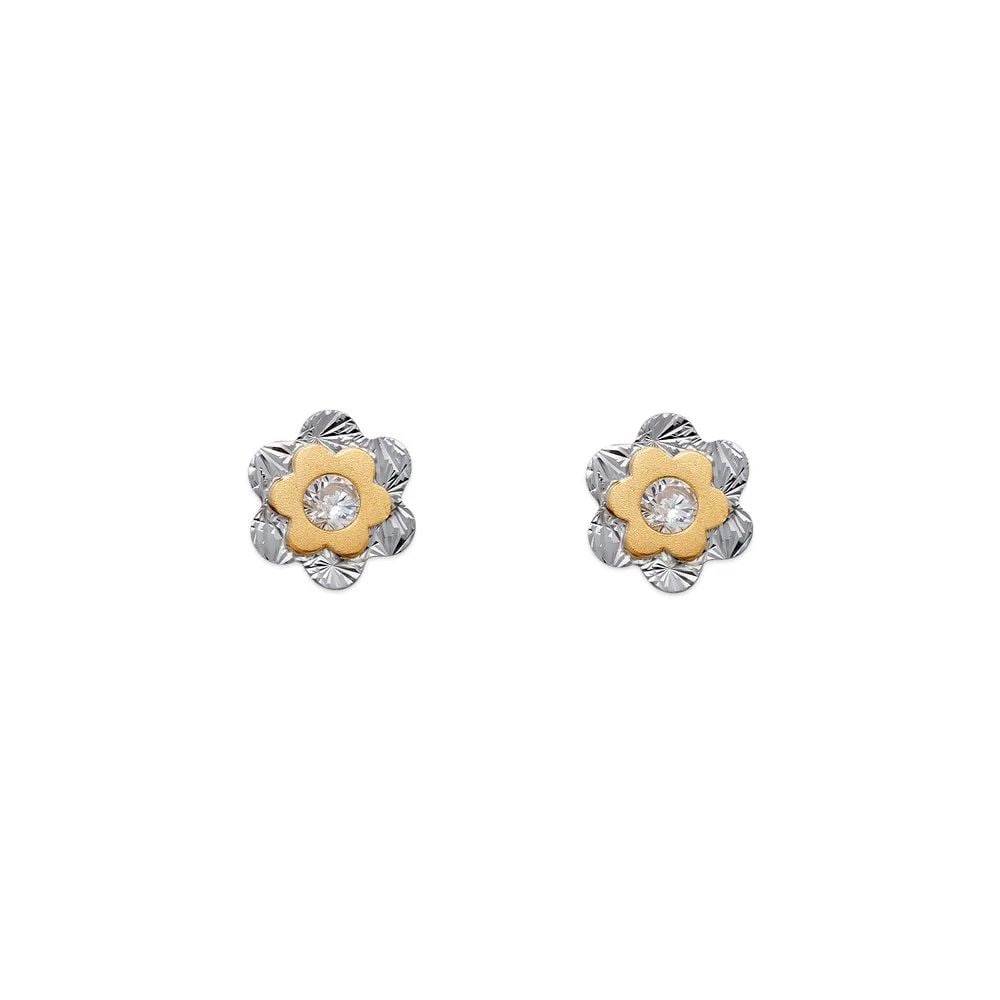 NEW 14K TWO TONE GOLD DOUBLE FLOWER STUD EARRINGS: NEW 14K TWO TONE GOLD DOUBLE FLOWER STUD EARRINGS DOUBLE FLOWER STUD EARRINGS NEW 14K TWO TONE GOLD Width: Approx. 8mm Apx WEIGHT: 2g