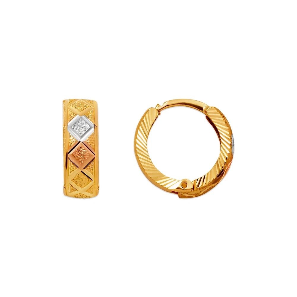 NEW 14K TRICOLOR GOLD D/C HUGGIE EARRINGS: NEW 14K TRICOLOR GOLD D/C HUGGIE EARRINGS D/C HUGGIE EARRINGS NEW 14K TRICOLOR GOLD Width: Approx. 5x15mm Apx WEIGHT: 2g