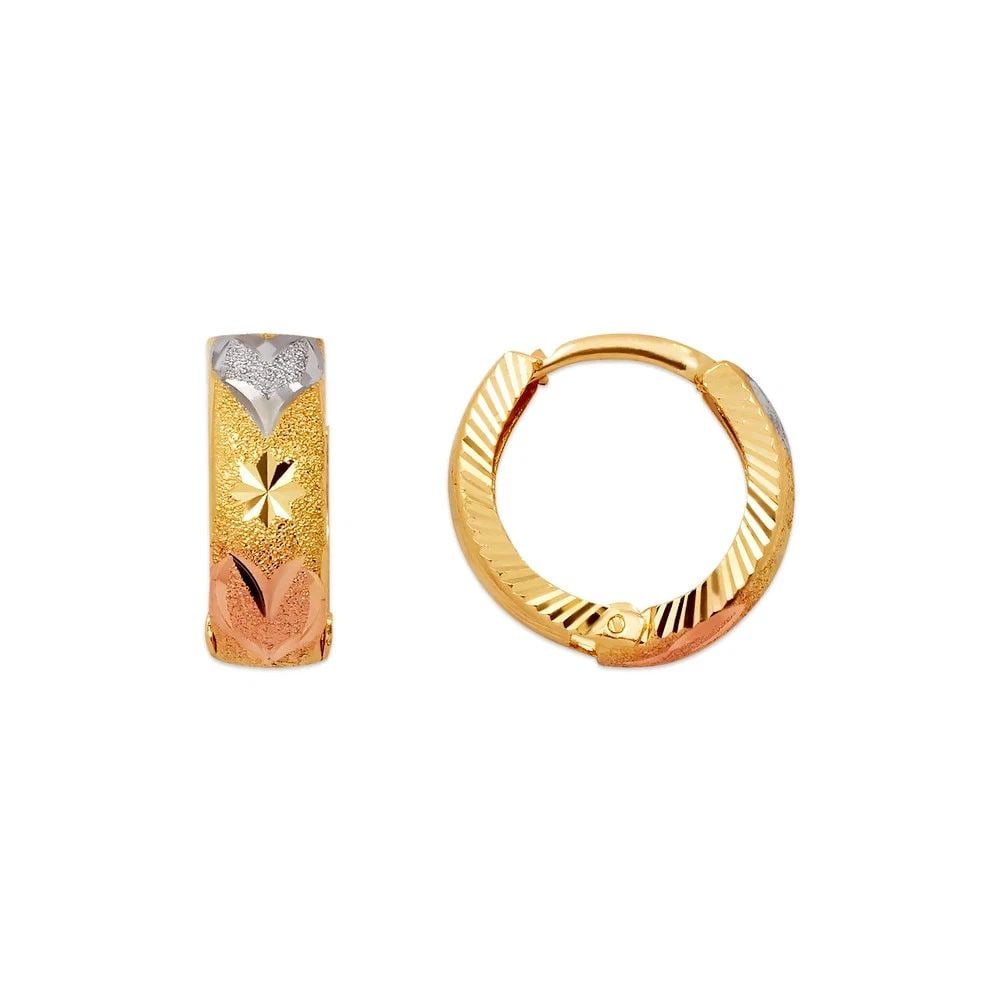 NEW 14K TRICOLOR GOLD D/C HUGGIE EARRINGS: NEW 14K TRICOLOR GOLD D/C HUGGIE EARRINGS D/C HUGGIE EARRINGS NEW 14K TRICOLOR GOLD Width: Approx. 5x15mm Apx WEIGHT: 2g