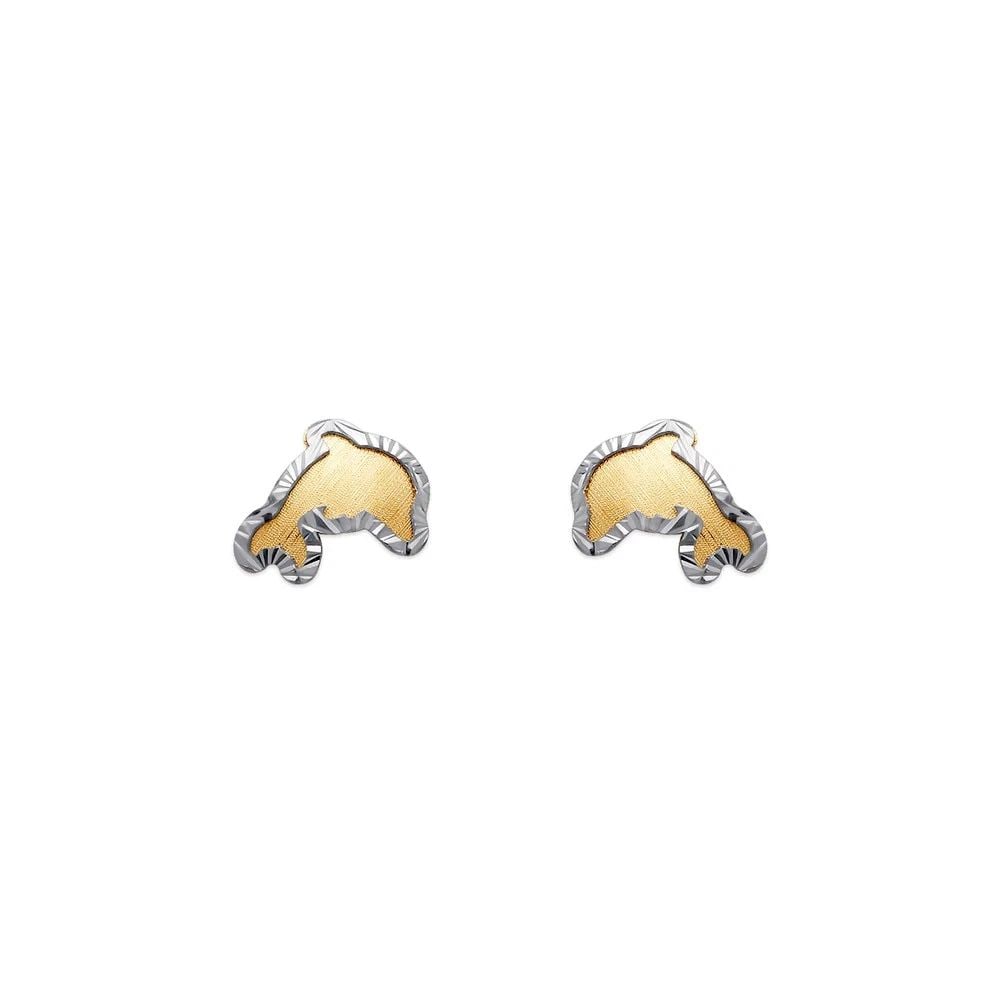 NEW 14K TWO TONE GOLD DIAMOND CUT DOLPHIN STUD EARRINGS: NEW 14K TWO TONE GOLD DIAMOND CUT DOLPHIN STUD EARRINGS DIAMOND CUT DOLPHIN STUD EARRINGS NEW 14K TWO TONE GOLD Width: Approx. 7x6mm Apx WEIGHT: 2g