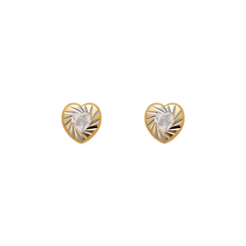NEW 14K TWO TONE GOLD HEART DIAMOND CUT BEZEL STUD EARRINGS: NEW 14K TWO TONE GOLD HEART DIAMOND CUT BEZEL STUD EARRINGS HEART DIAMOND CUT BEZEL STUD EARRINGS NEW 14K TWO TONE GOLD Width: Approx. 6x6mm Apx WEIGHT: 2g