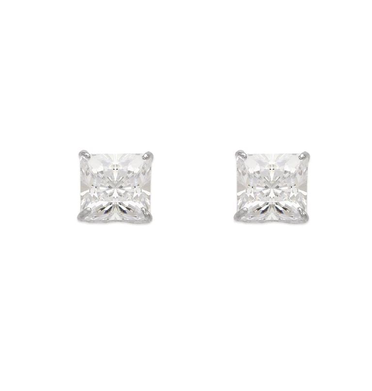 NEW 14K WHITE GOLD PRINCESS CUT STUD EARRINGS: NEW 14K WHITE GOLD PRINCESS CUT STUD EARRINGS PRINCESS CUT STUD EARRINGS NEW 14K WHITE GOLD Width: Approx. 5.5mm Apx WEIGHT: 2g